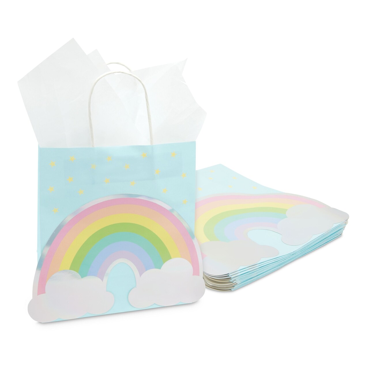 Rainbow Gift Bags with Handles and White Tissue Paper (15 Pack
